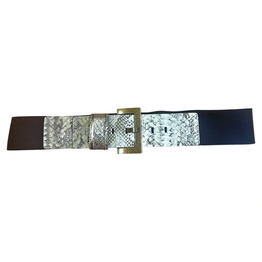 Nine West Bronze Leather and Wide Elastic Stretch Belt Brass Buckle L/XL